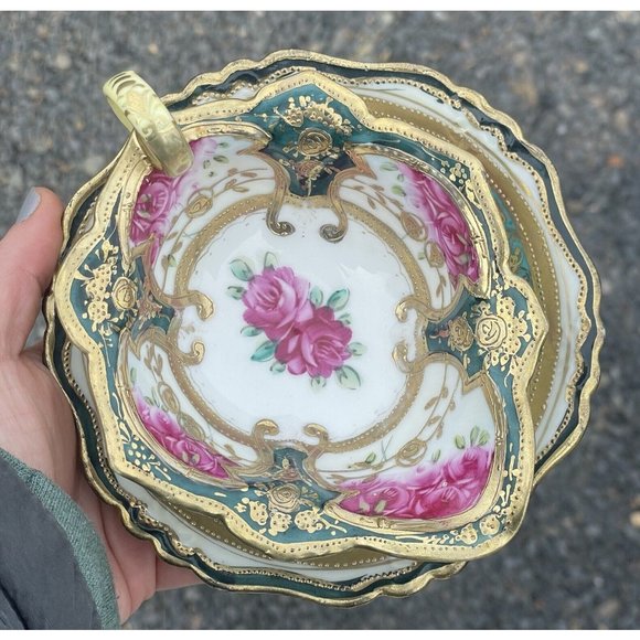 Antique Porcelain Hand Painted Gilt Mayonnaise Sauce Dish w Underplate Victorian - Picture 2 of 16